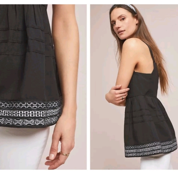 NWT Amit Aggarwal Olivia Embroidered linen Cotton Button Back Tank Black Small - Picture 2 of 4